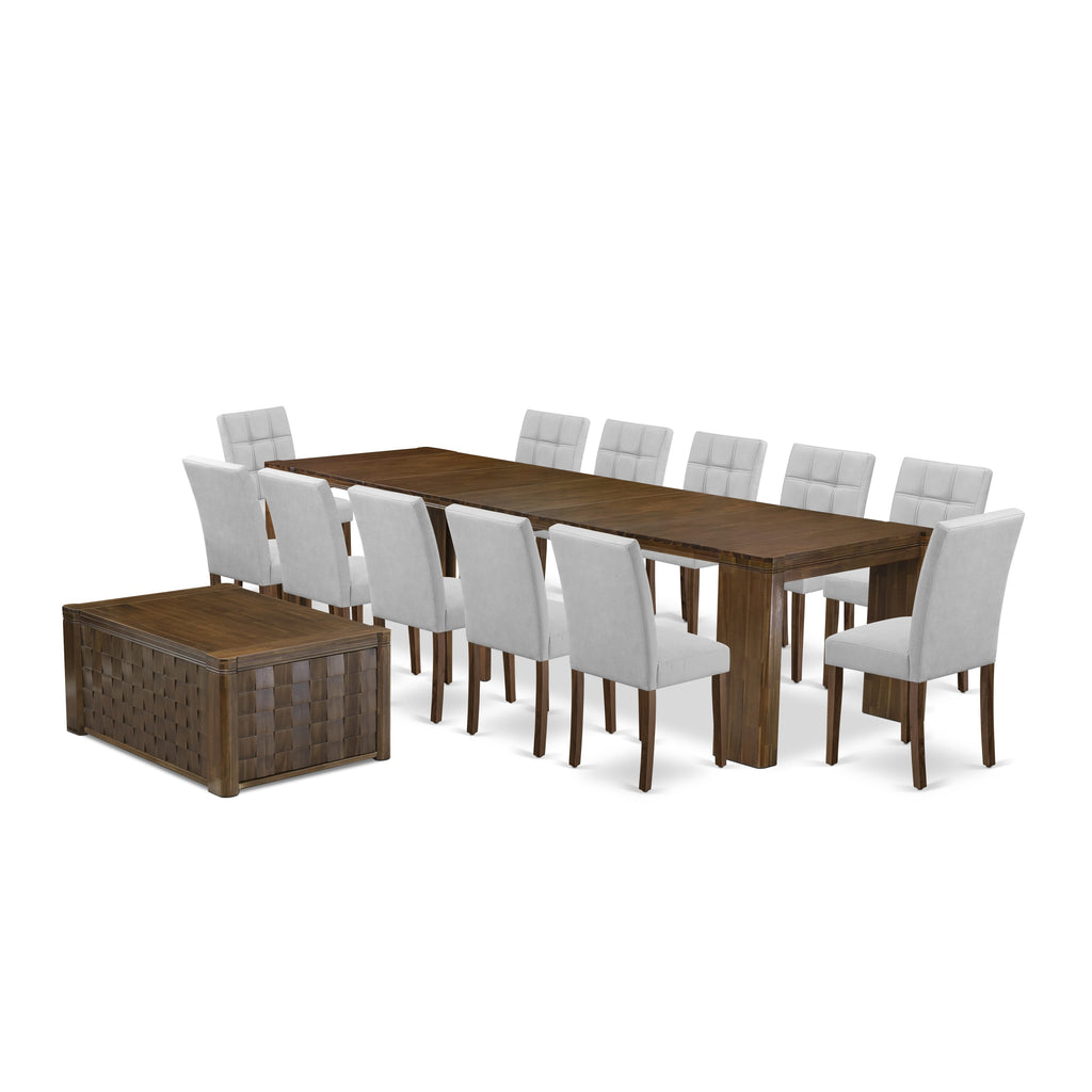 Luxe by East West Furniture X12AS-0C8-08-14 Pieces Extendable Dining Set Includes a Rectangle Kitchen Table, 1 Coffee Table and 12 Dining Chairs, Antique Walnut