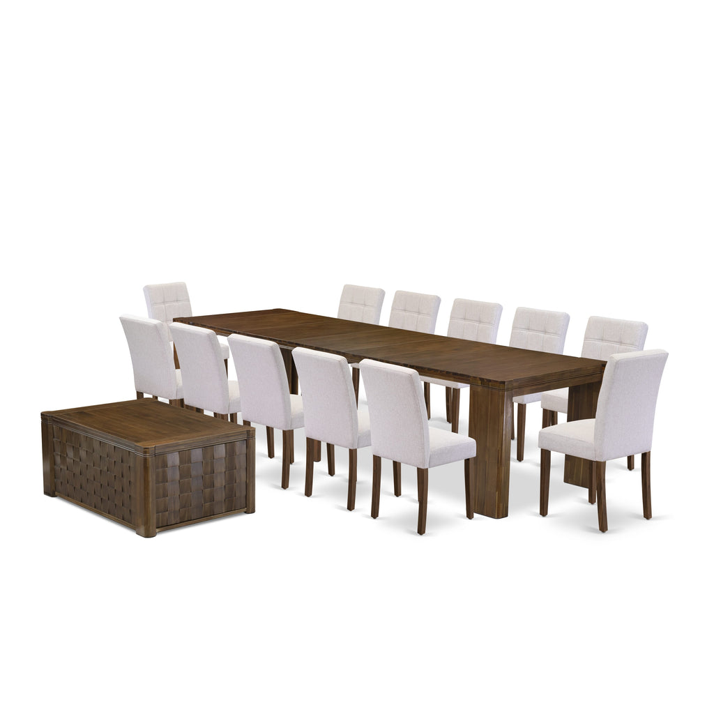 Luxe by East West Furniture X12AS-0C8-27-14 Pieces Extendable Dining Set Includes a Rectangle Kitchen Table, 1 Coffee Table and 12 Dining Chairs, Antique Walnut