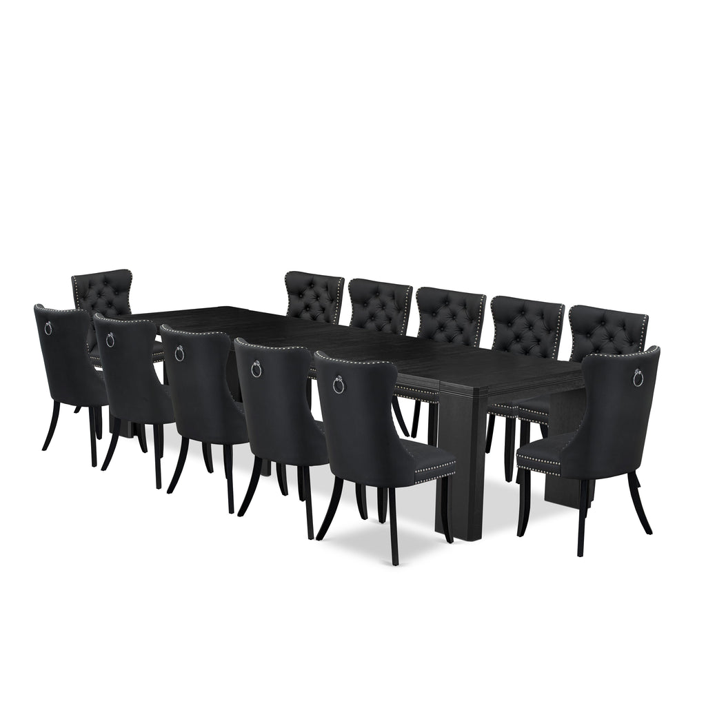 Luxe East West Furniture X12DA-006-12 13-piece Kitchen Table Set a Rectangular Dining Table and 12 Dark Grey Faux Leather Dining Chair, Wire Brushed Black Finish.