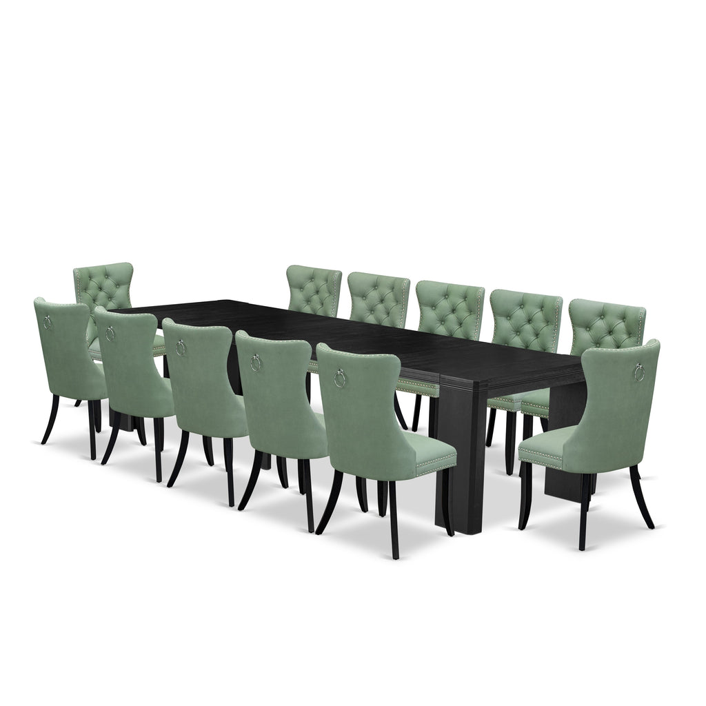 Luxe East West Furniture X12DA-006-22 13-piece Kitchen Table Set a Rectangular Modern Dining Table and 12 Willow Green Faux Leather Kitchen Chair, Wire Brushed Black Finish.