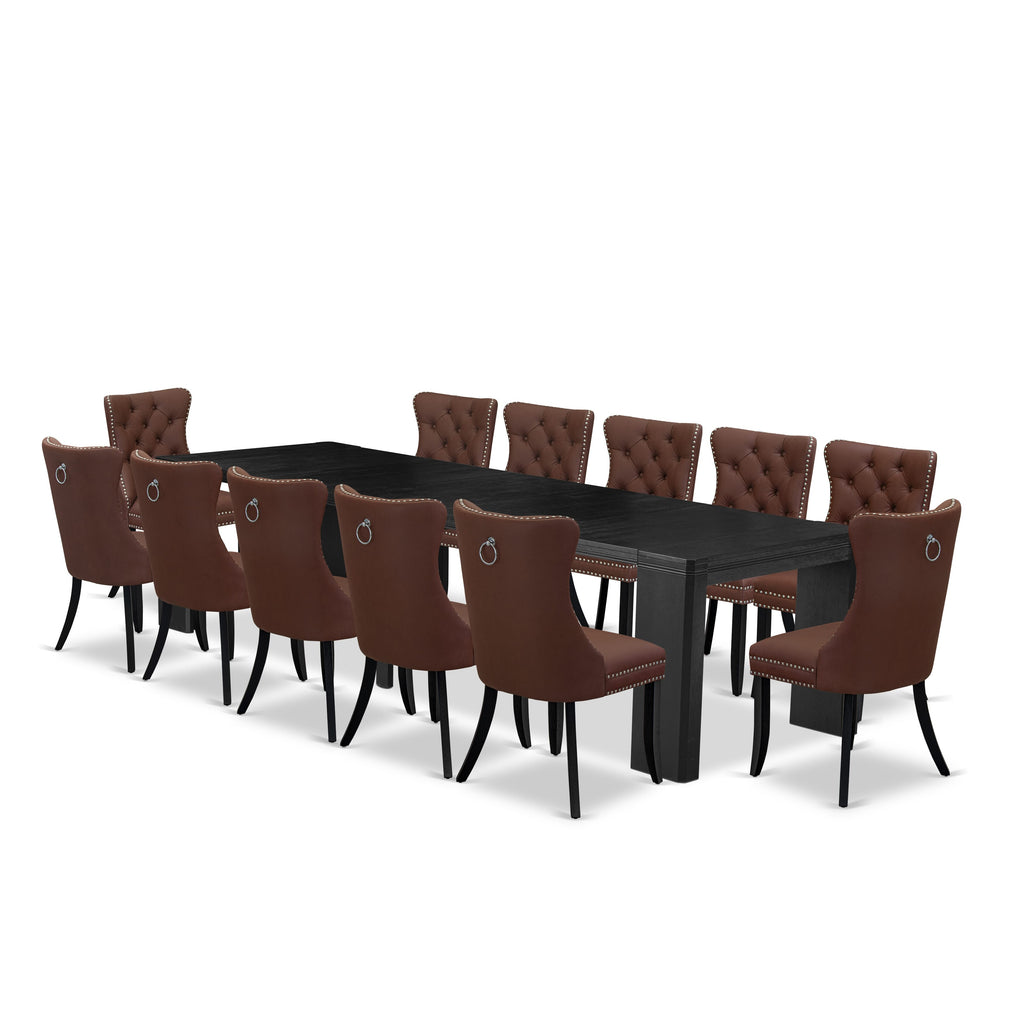 Luxe East West Furniture X12DA-006-26 13-piece Dining Room Table Set a Rectangular Kitchen Table and 12 Burgundy Faux Leather Dining Chair, Wire Brushed Black Finish.