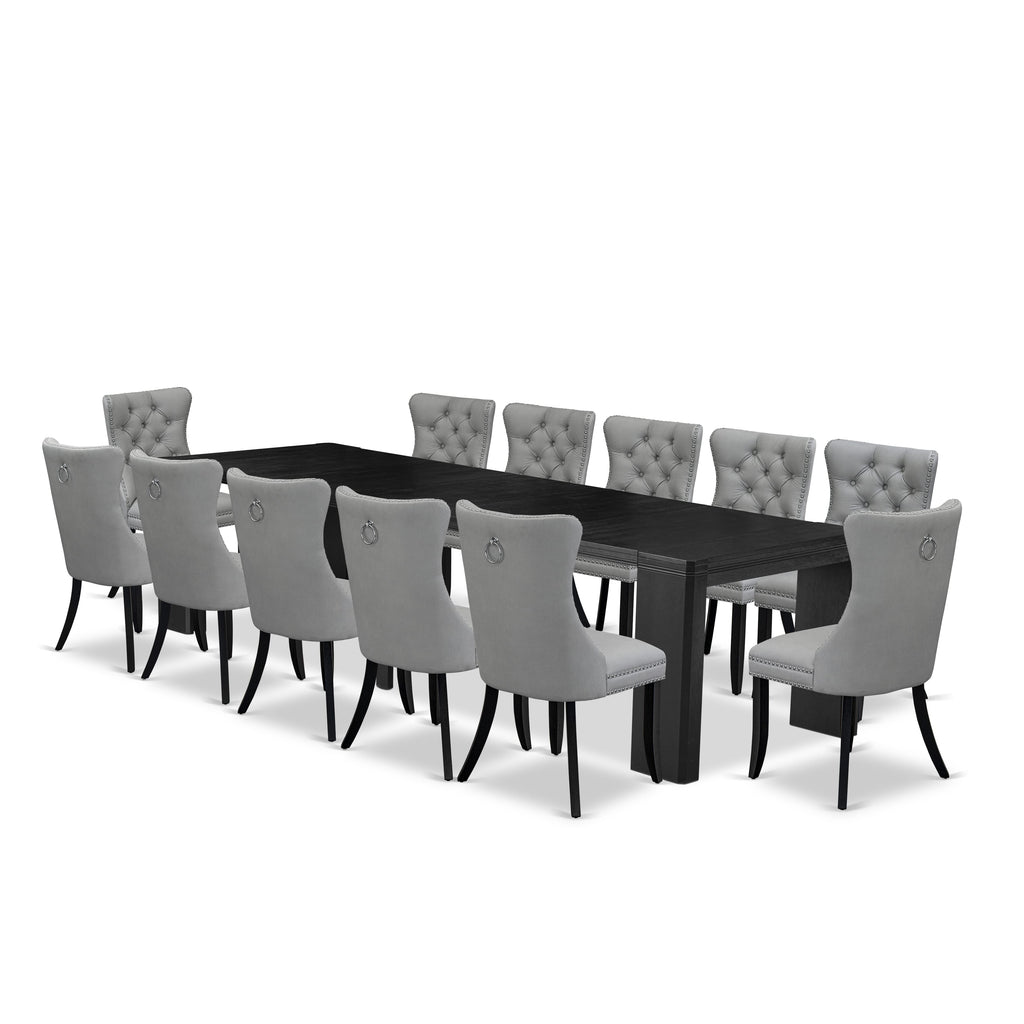 Luxe East West Furniture X12DA-006-27 13-piece Kitchen Table Set a Rectangular Modern Dining Table and 12 Light Gray Faux Leather mid-century Chair, Wire Brushed Black Finish.