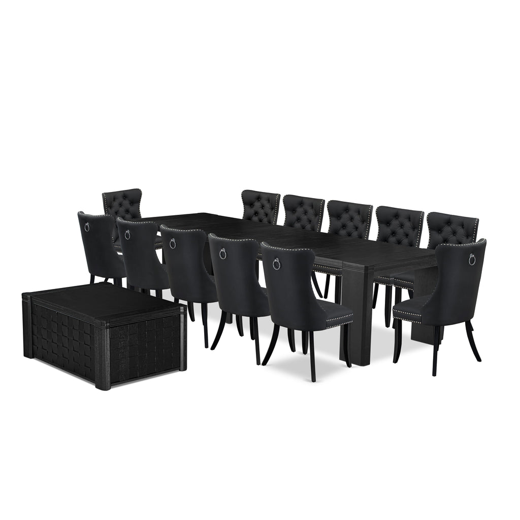 Luxe East West Furniture X12DA-0C6-12 14-piece Kitchen Table Set a Rectangular Dining Table with a coffee Table and 12 Dark Grey Faux Leather Dining Chairs, Wire Brushed Black Finish.