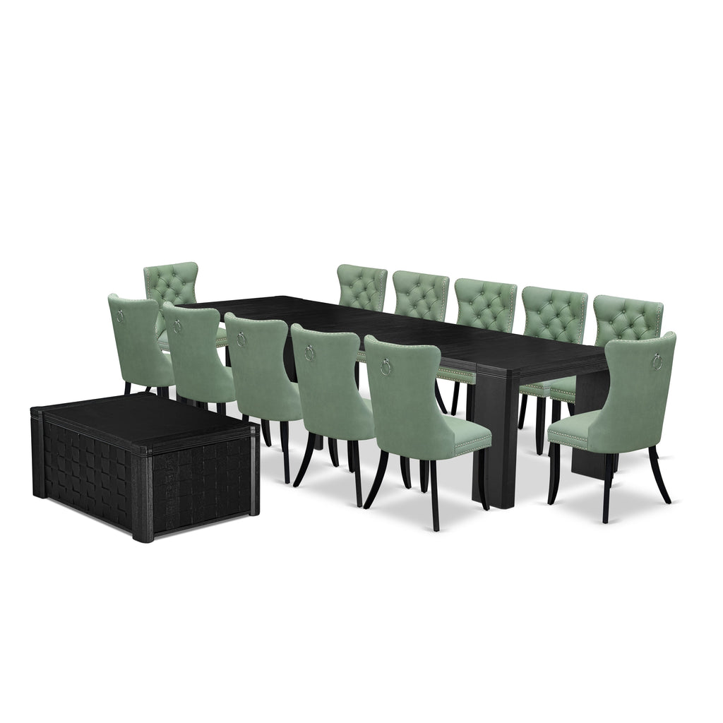 Luxe East West Furniture X12DA-0C6-22 14-piece Dining Room Table Set a Rectangular Kitchen Table with a coffee Table and 12 Willow Green Faux Leather Dining Chair, Wire Brushed Black Finish.