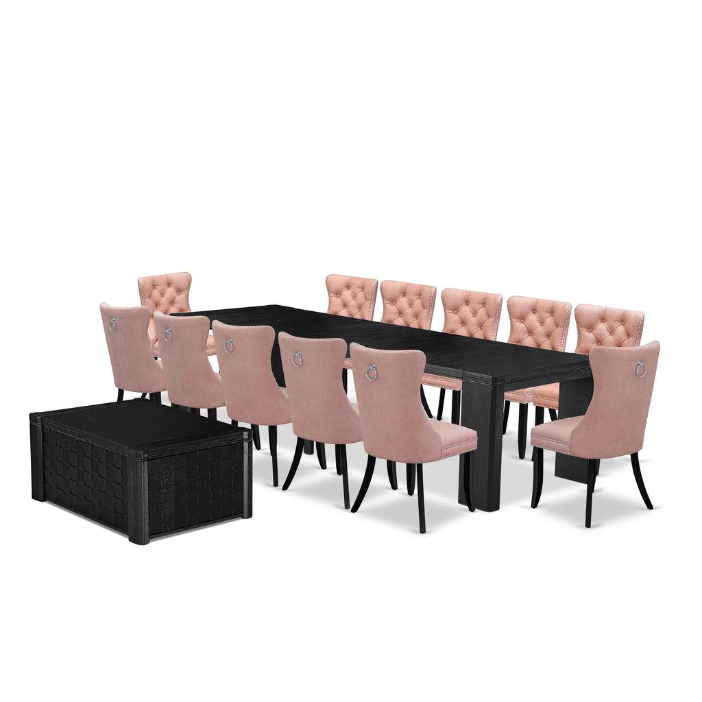 Luxe East West Furniture X12DA-0C6-23 14-piece Dining Room Table Set a Rectangular Dining Table with a coffee Table and 12 Beige Red Faux Leather Kitchen Chair, Wire Brushed Black Finish.