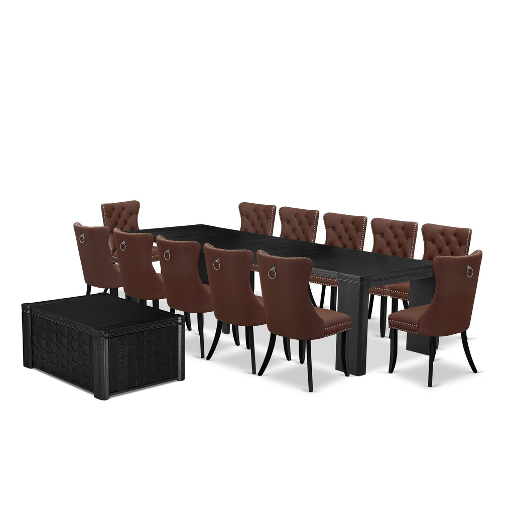 Luxe East West Furniture X12DA-0C6-26 14-piece Dining Room Table Set a Rectangular Kitchen Table with a coffee Table and 12 Burgundy Faux Leather Dining Room Chair, Wire Brushed Black Finish.