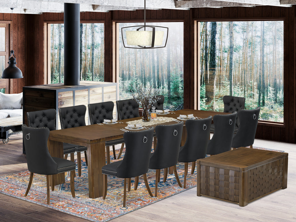 Luxe by East West Furniture X12DA-0C8-12-14 Pieces Extendable Dining Set Includes a Rectangle Kitchen Table, 1 Coffee Table and 12 Dining Chairs, Antique Walnut