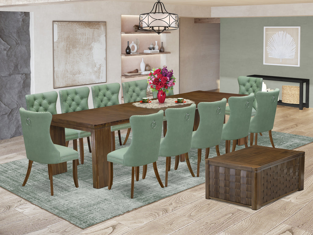 Luxe by East West Furniture X12DA-0C8-22-14 Pieces Extendable Dining Set Includes a Rectangle Kitchen Table, 1 Coffee Table and 12 Dining Chairs, Antique Walnut