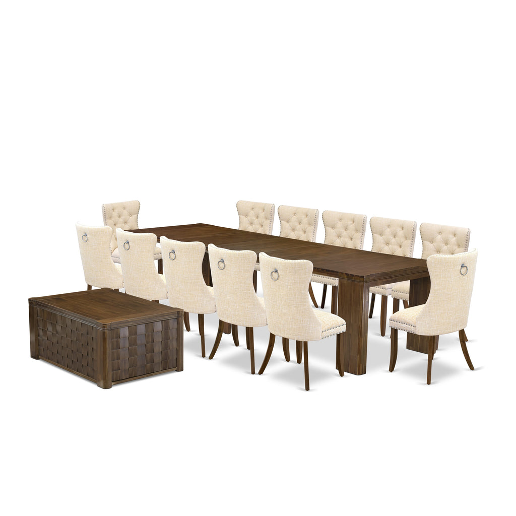 Luxe by East West Furniture X12DA-0C8-32-14 Pieces Extendable Dining Set Includes a Rectangle Kitchen Table, 1 Coffee Table and 12 Dining Chairs, Antique Walnut