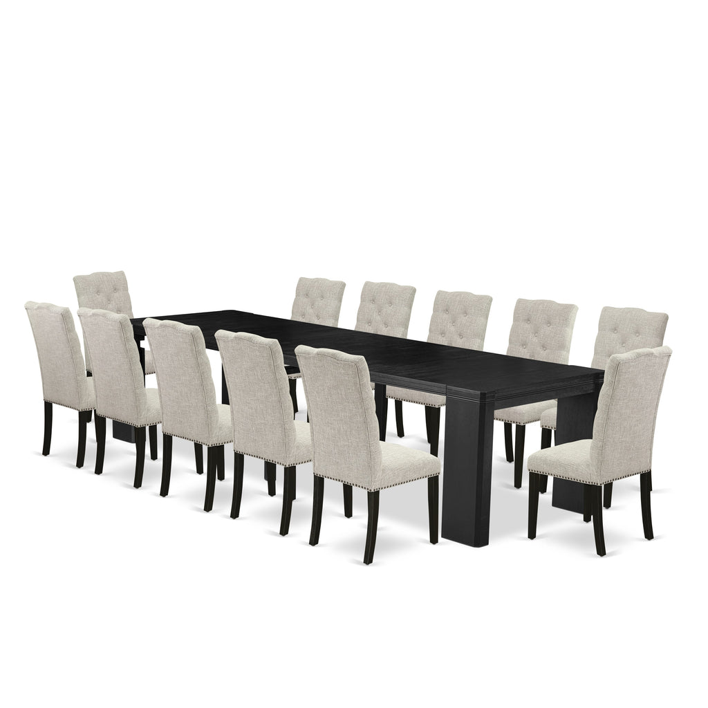 Luxe East West Furniture X12EL-006-35 13-piece Modern Dining Room Table Set a Rectangular Kitchen Table and 12 Doeskin Linen Fabric Dining Chair, Wire Brushed Black Finish.