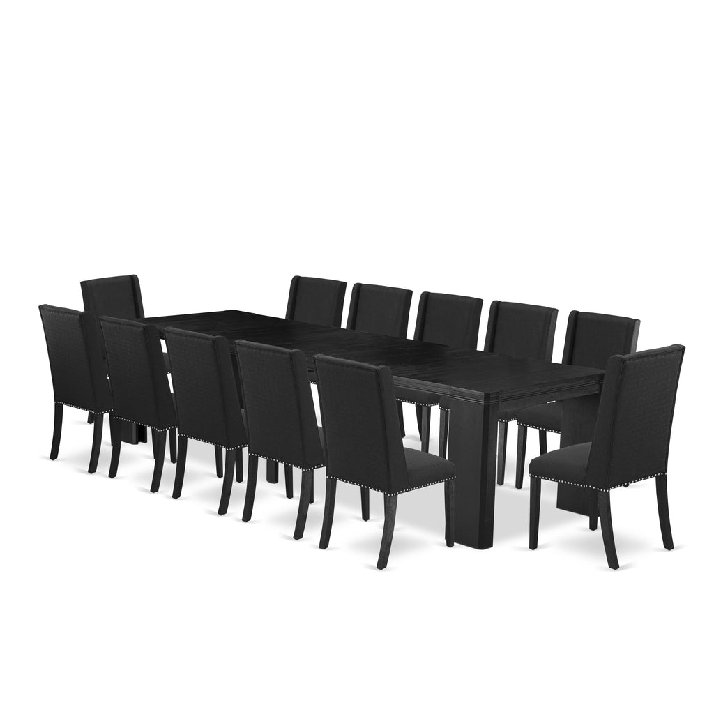 Luxe East West Furniture X12FL-006-24 13-piece Modern Dining Room Table Set a Rectangular Kitchen Table and 12 Black Linen Fabric Dining Chair, Wire Brushed Black Finish.