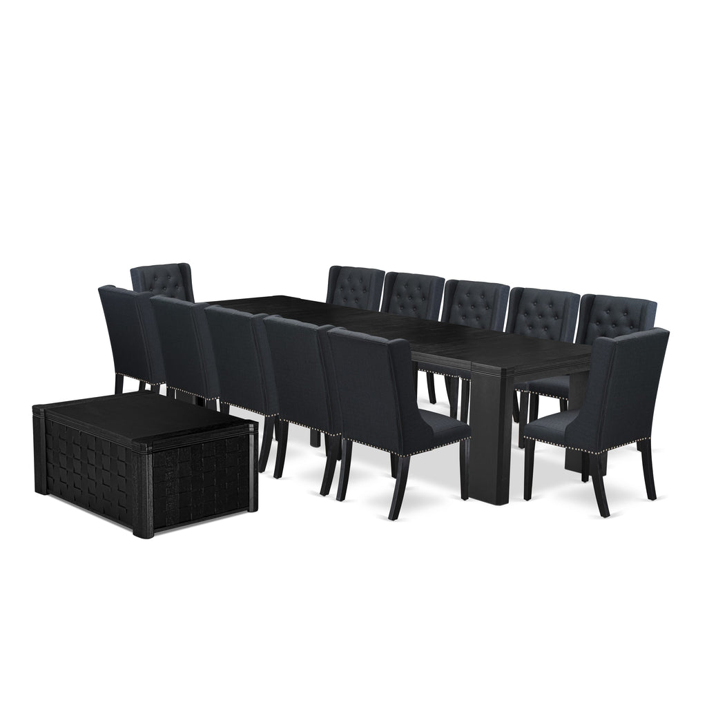 Luxe East West Furniture X12FO-0C6-24 14-piece Dining Room Table Set a Rectangular Dining Table with a coffee Table and 12 Black Linen Fabric kitchen Chair, Wire Brushed Black Finish.