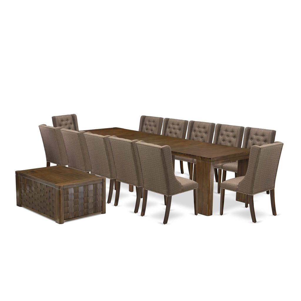 Luxe by East West Furniture X12FO-0C8-18-14 Pieces Extendable Dining Set Includes a Rectangle Kitchen Table, 1 Coffee Table and 12 Dining Chairs, Antique Walnut