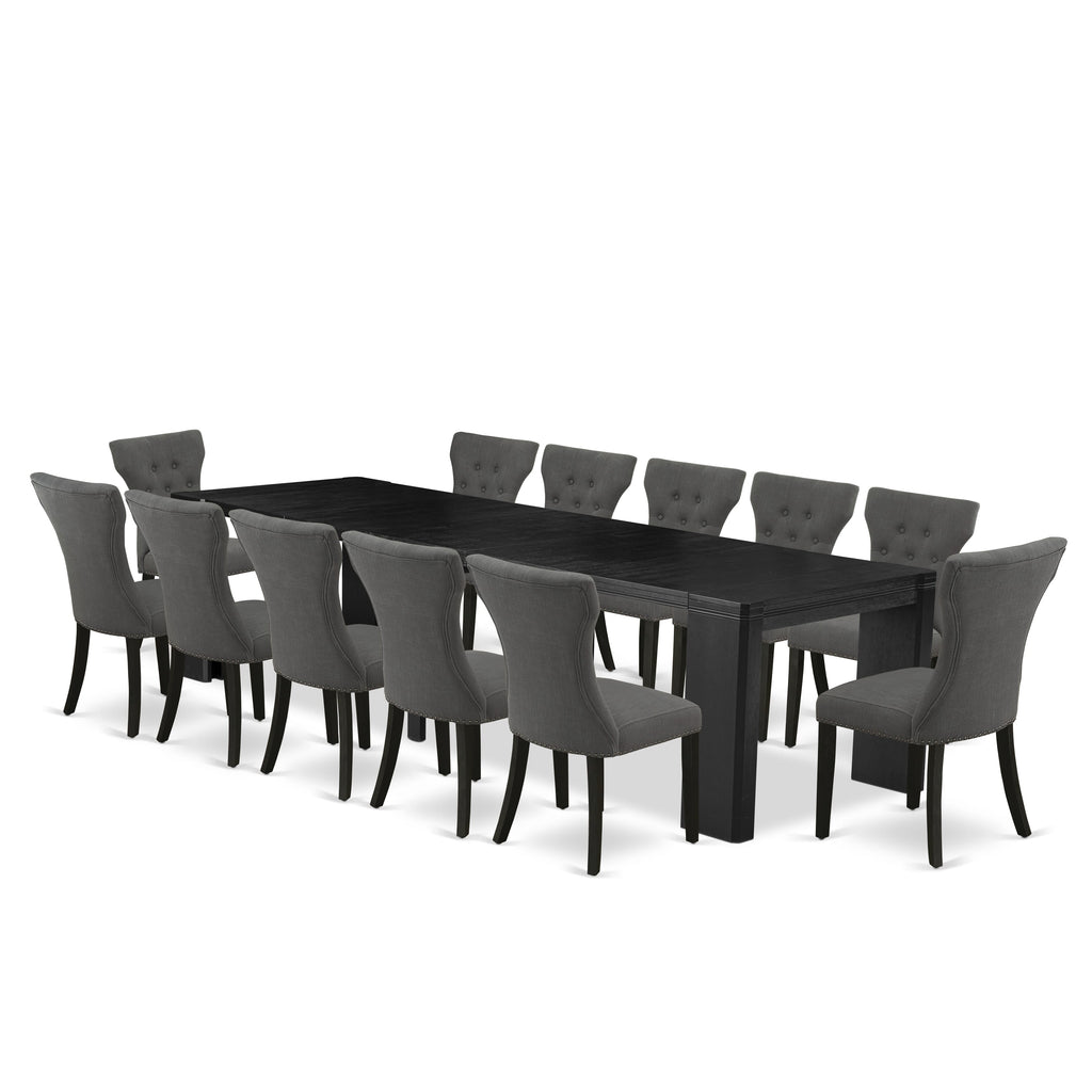 Luxe East West Furniture X12GA-006-50 13-piece Modern Dining Room Table Set a Rectangular Kitchen Table and 12 Dark Gotham Grey Linen Fabric Dining Chair, Wire Brushed Black Finish.