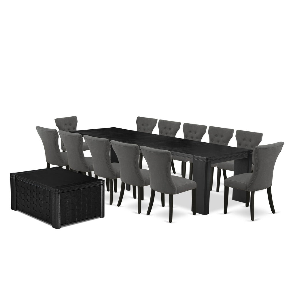 Luxe East West Furniture X12GA-0C6-50 14-piece Dining Room Table Set a Rectangular Kitchen Table with a coffee Table and 12 Dark Gotham Grey Linen Fabric Dining Chair, Wire Brushed Black Finish.