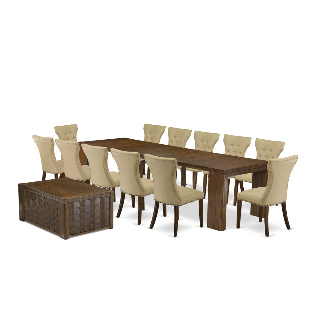 Luxe by East West Furniture X12GA-0C8-04-14 Pieces Extendable Dining Set Includes a Rectangle Kitchen Table, 1 Coffee Table and 12 Dining Chairs, Antique Walnut