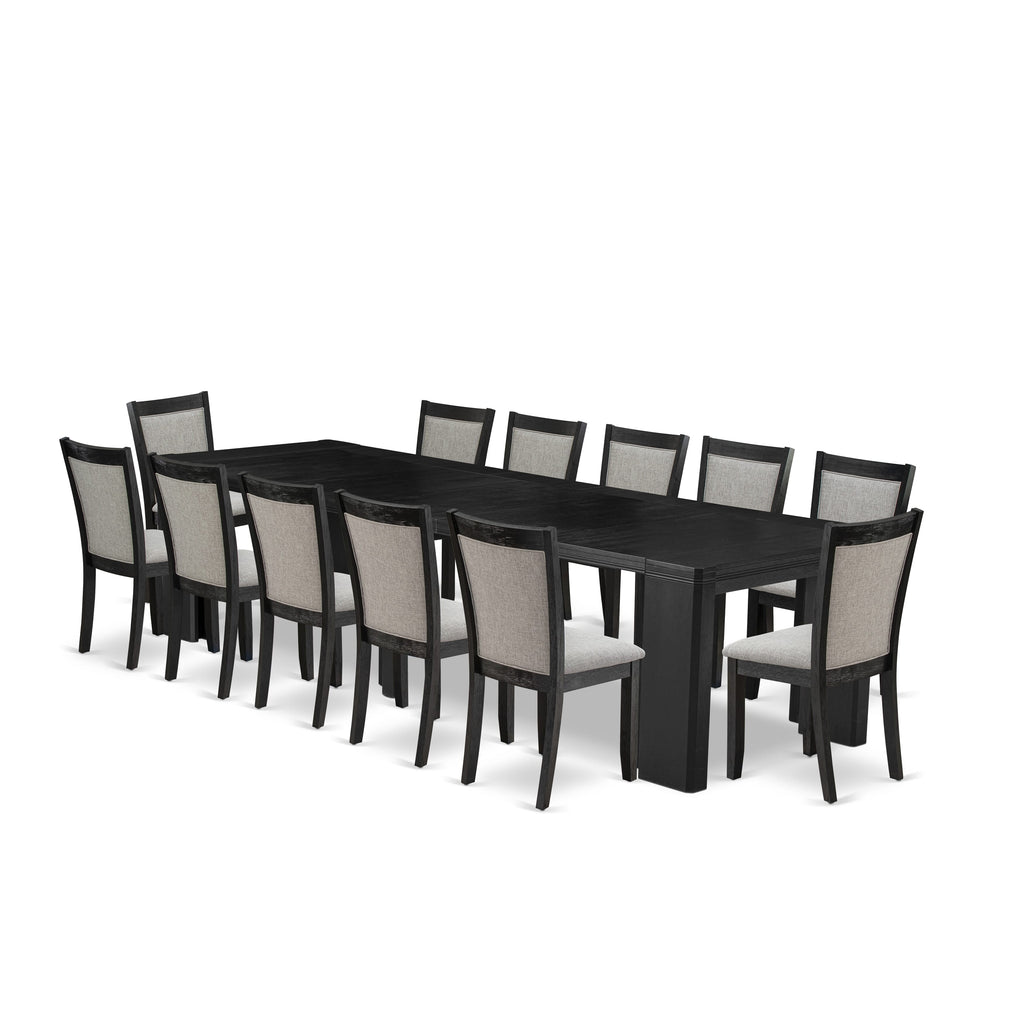 Luxe East West Furniture X12MZ-006-06 13-piece Dining Room Table Set a Rectangular Dining Table and 12 Shitake Linen Fabric Dining Chair, Wire Brushed Black Finish.