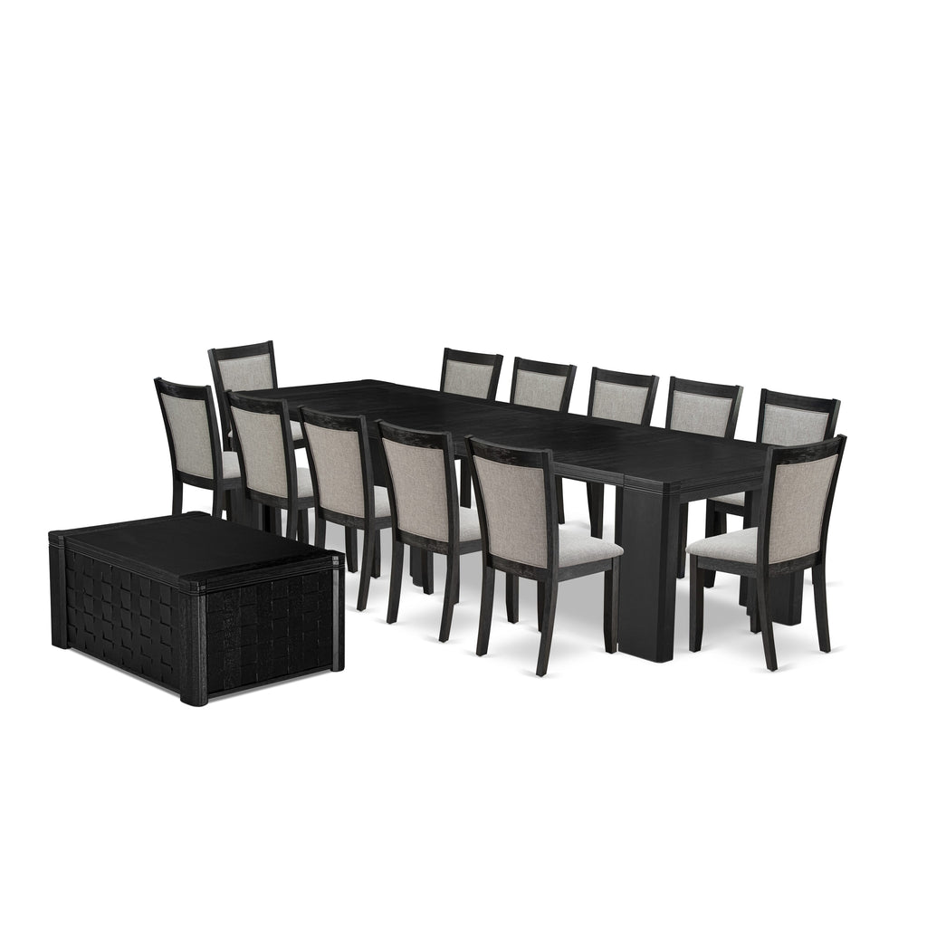 Luxe East West Furniture X12MZ-0C6-06 14-piece Dining Room Table Set a Rectangular Kitchen Table with a coffee Table and 12 Shitake Linen Fabric kitchen Chair, Wire Brushed Black Finish.