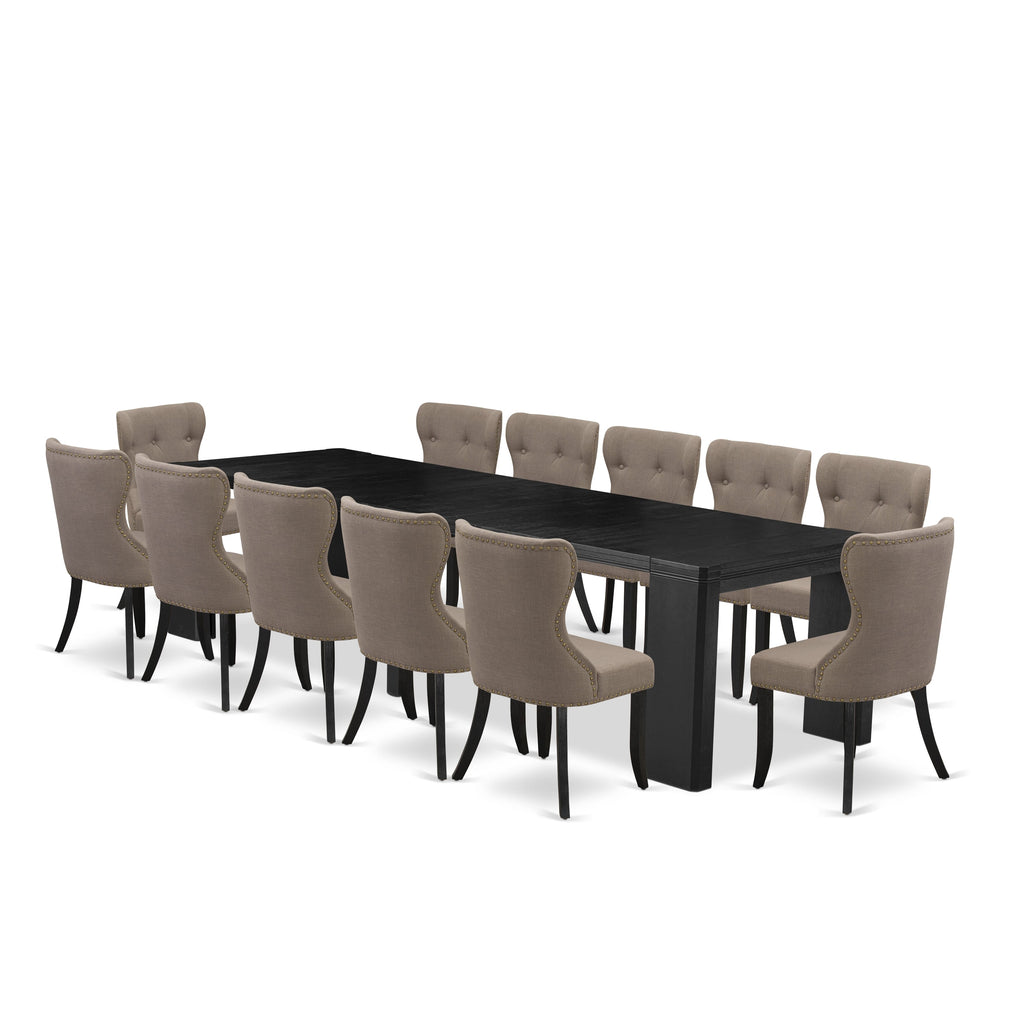 Luxe East West Furniture X12SI-006-48 13-piece Modern Dining Room Table Set a Rectangular Kitchen Table and 12 coffee Linen Fabric Dining Chair, Wire Brushed Black Finish.