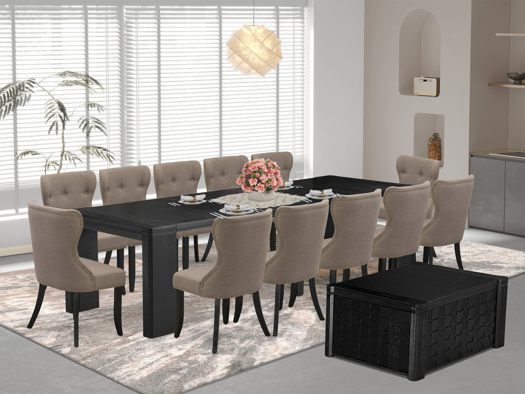 Luxe East West Furniture X12SI-0C6-48 14-piece Dining Room Table Set a Rectangular Dining Table with a coffee Table and 12 coffee Linen Fabric kitchen Chair, Wire Brushed Black Finish.