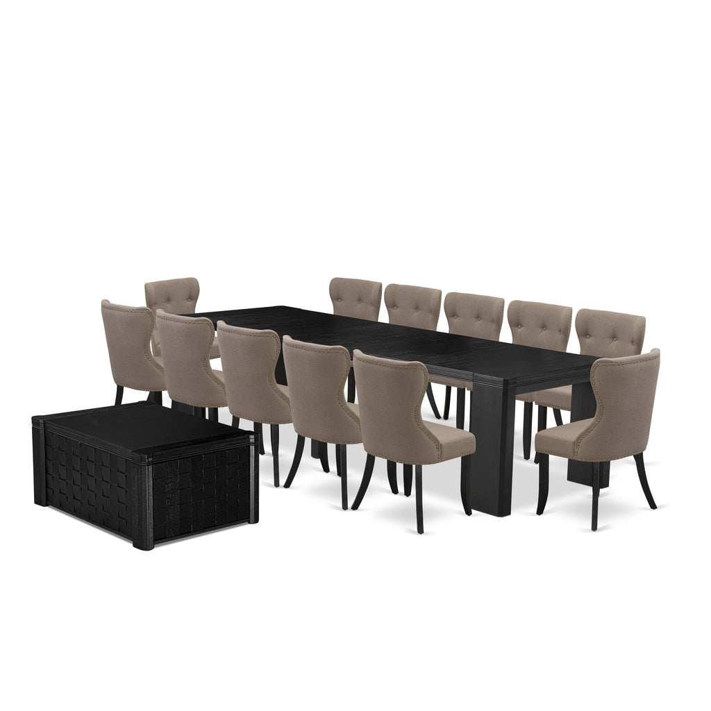 Luxe East West Furniture X12SI-0C6-48 14-piece Dining Room Table Set a Rectangular Dining Table with a coffee Table and 12 coffee Linen Fabric kitchen Chair, Wire Brushed Black Finish.