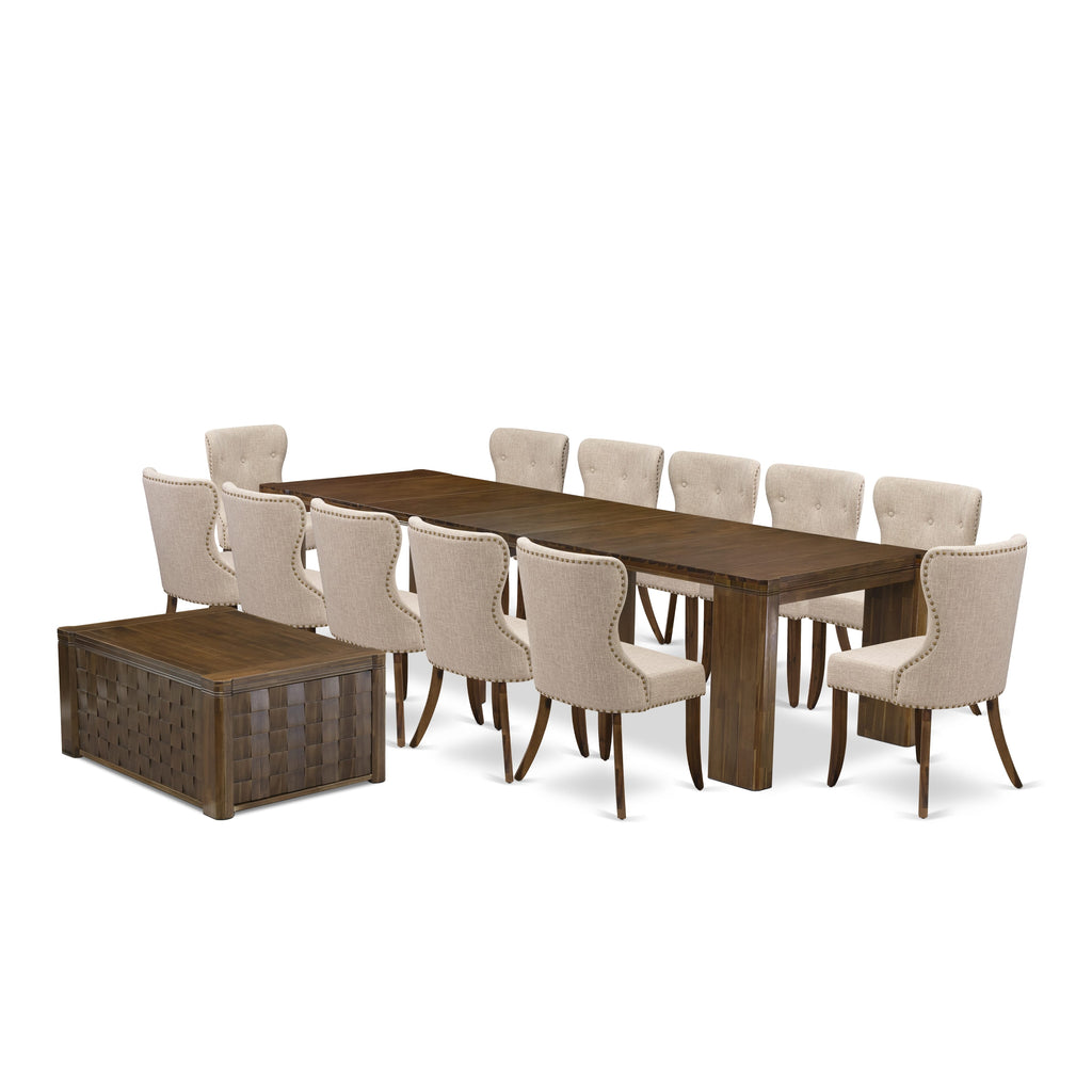 Luxe by East West Furniture X12SI-0C8-04-14 Pieces Extendable Dining Set Includes a Rectangle Kitchen Table, 1 Coffee Table and 12 Dining Chairs, Antique Walnut