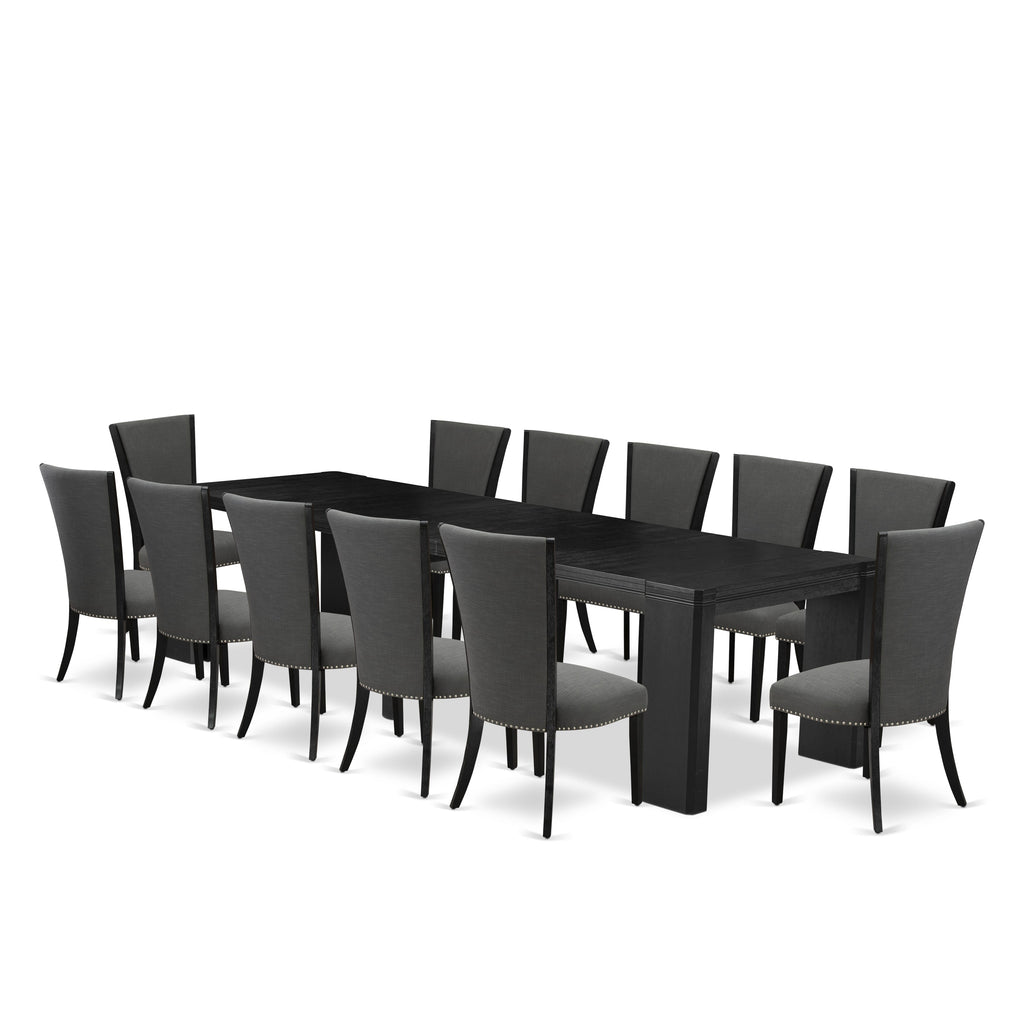 Luxe East West Furniture X12VE-006-50 13-piece Modern Dining Room Table Set a Rectangular Kitchen Table and 12 Dark Gotham Grey Linen Fabric Dining Chair, Wire Brushed Black Finish.