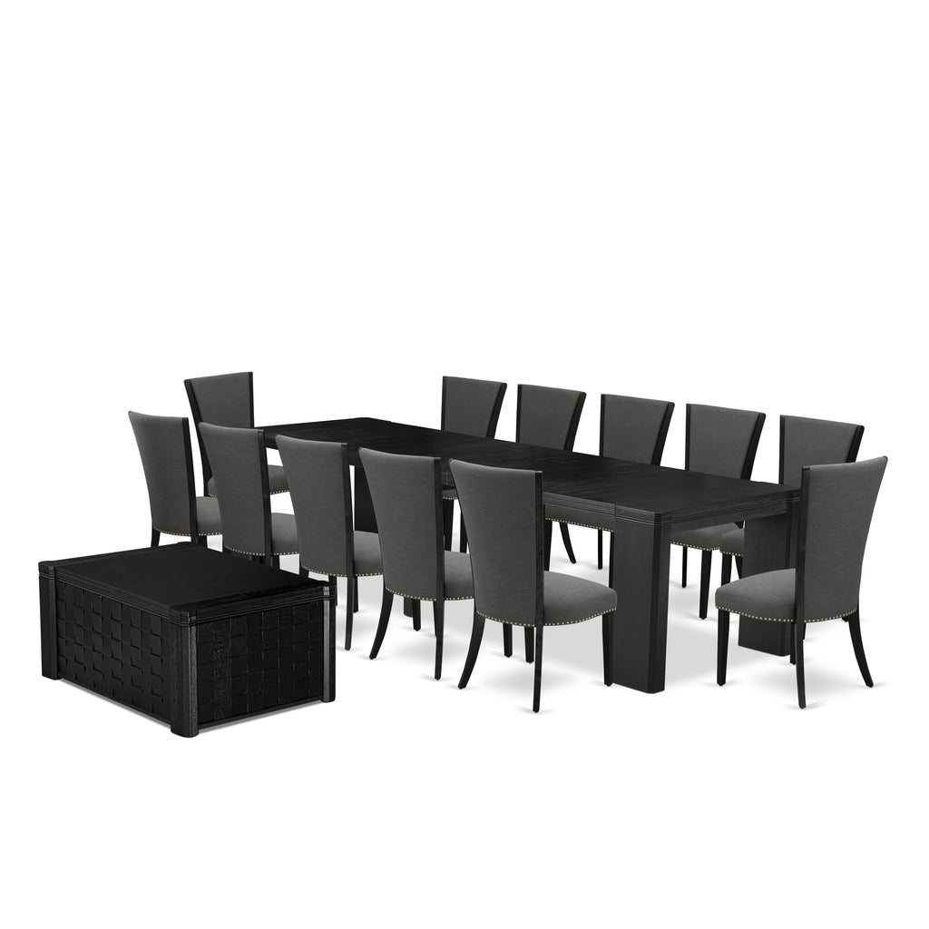 Luxe East West Furniture X12VE-0C6-50 14-piece Dining Room Table Set a Rectangular Dining Table with a coffee Table and 12 Dark Gotham Grey Linen Fabric kitchen Chair, Wire Brushed Black Finish.