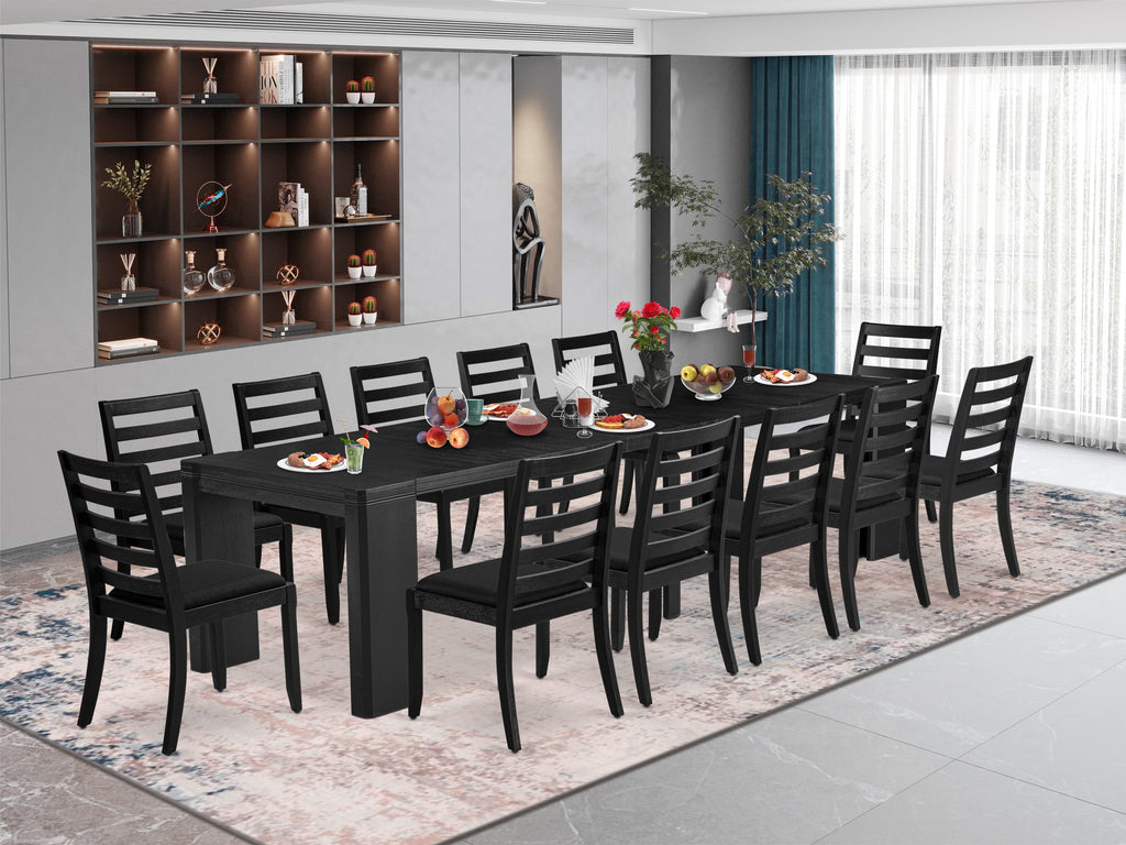 Luxe East West Furniture X12X1-006-24 13-piece Modern Dining Room Table Set a Rectangular Dining Table and 12 Black Linen Fabric Stackable Chair, Wire Brushed Black Finish.