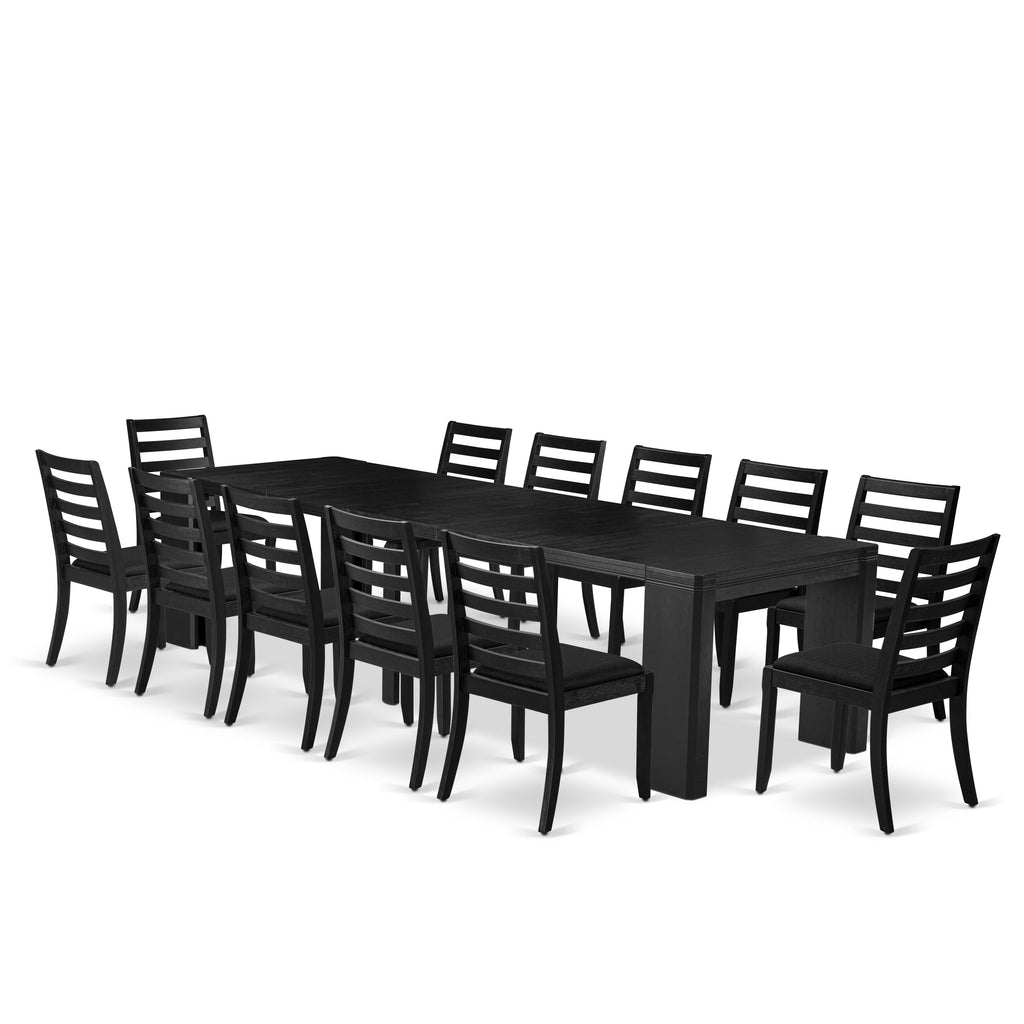 Luxe East West Furniture X12X1-006-24 13-piece Modern Dining Room Table Set a Rectangular Dining Table and 12 Black Linen Fabric Stackable Chair, Wire Brushed Black Finish.