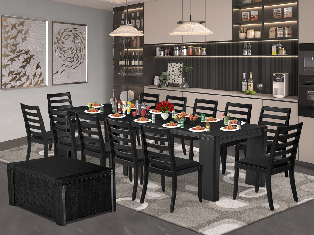 Luxe East West Furniture X12X1-0C6-24 14-piece Modern Dining Room Table Set a Rectangular Dining Table with a coffee Table and 12 Black Linen Fabric Stackable Chair, Wire Brushed Black Finish.