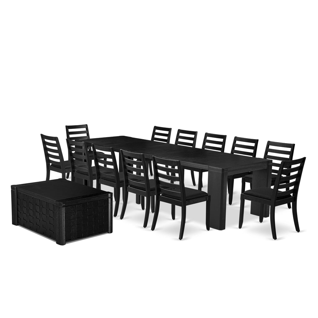 Luxe East West Furniture X12X1-0C6-24 14-piece Modern Dining Room Table Set a Rectangular Dining Table with a coffee Table and 12 Black Linen Fabric Stackable Chair, Wire Brushed Black Finish.