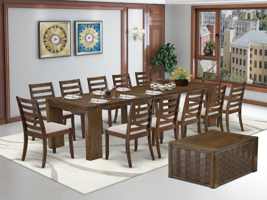 Luxe by East West Furniture X12X1-0C8-04 -14 Pieces Extendable Dining Set Includes 1 Rectangle Kitchen Table, 1 Coffee Table, 12 Stackable Dining Chairs, Antique Walnut