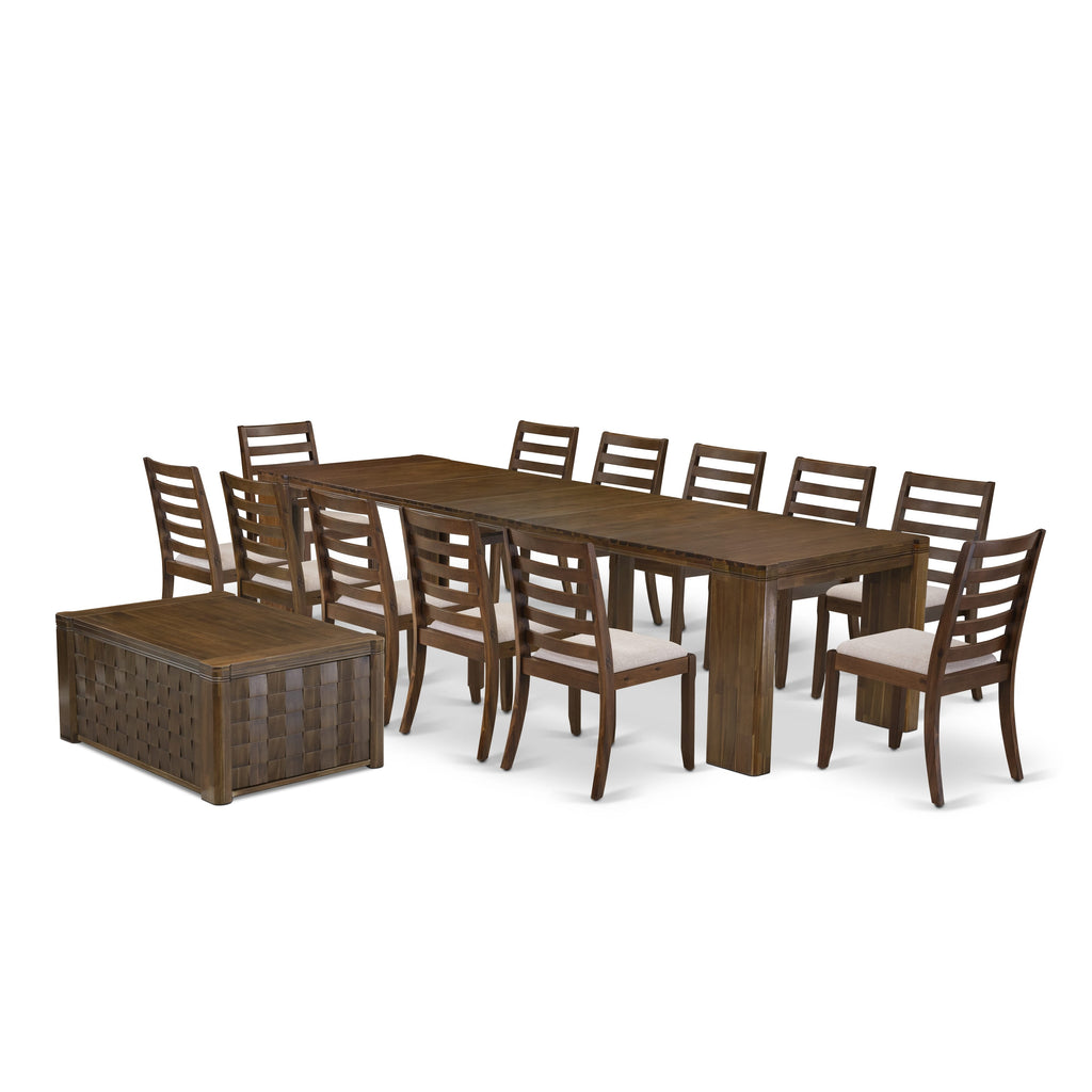 Luxe by East West Furniture X12X1-0C8-04 -14 Pieces Extendable Dining Set Includes 1 Rectangle Kitchen Table, 1 Coffee Table, 12 Stackable Dining Chairs, Antique Walnut