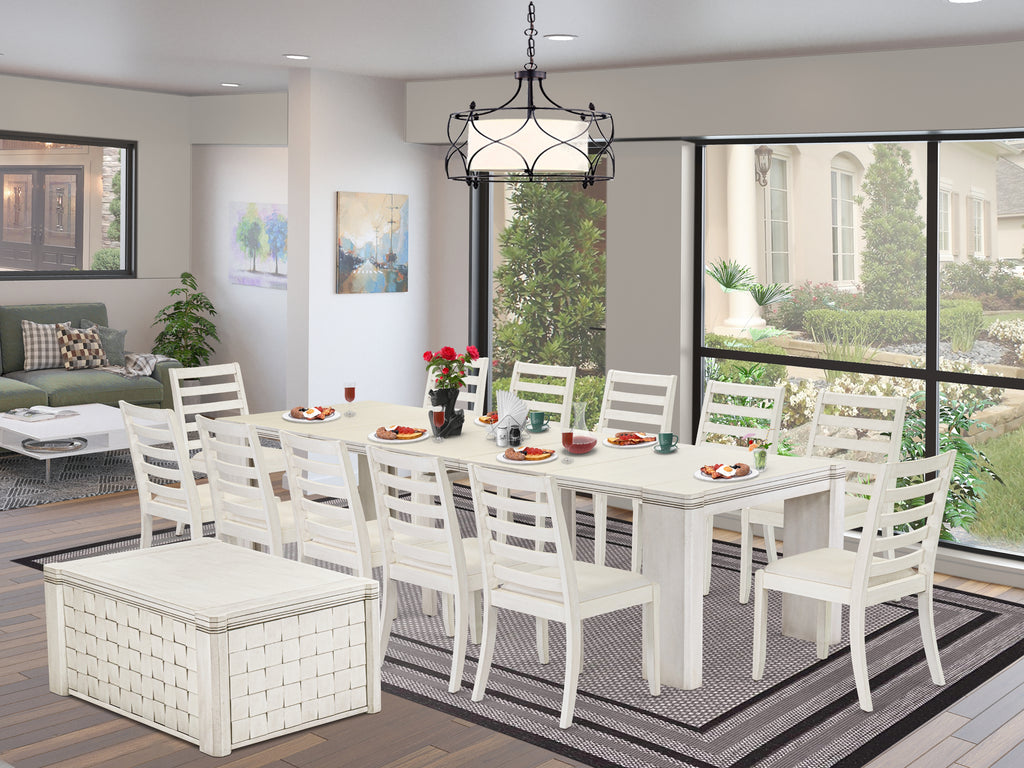 Luxe by East West Furniture X12X1-0CW-01-14 Pieces Extendable Dining Set Includes 1 Rectangle Kitchen Table, 1 Coffee Table, 12 Stackable Dining Chairs, Antique White