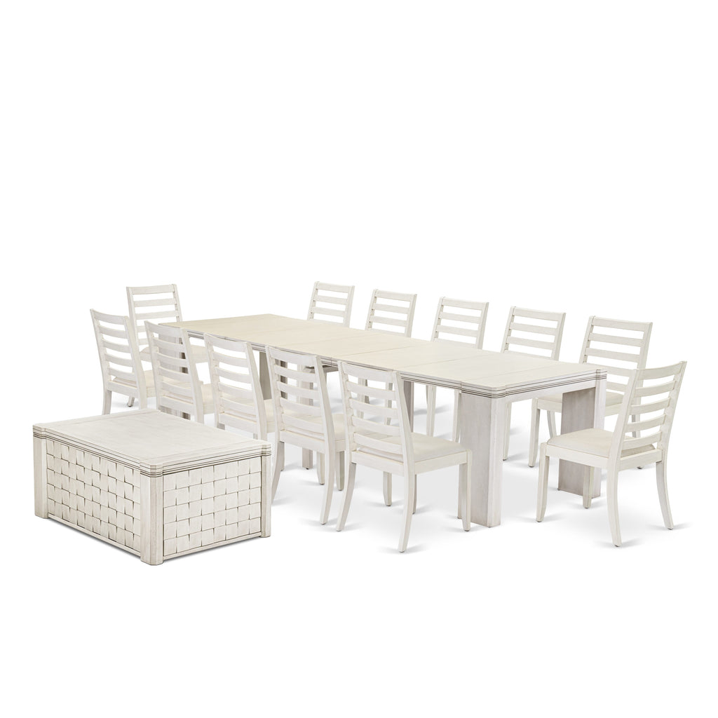 Luxe by East West Furniture X12X1-0CW-01-14 Pieces Extendable Dining Set Includes 1 Rectangle Kitchen Table, 1 Coffee Table, 12 Stackable Dining Chairs, Antique White