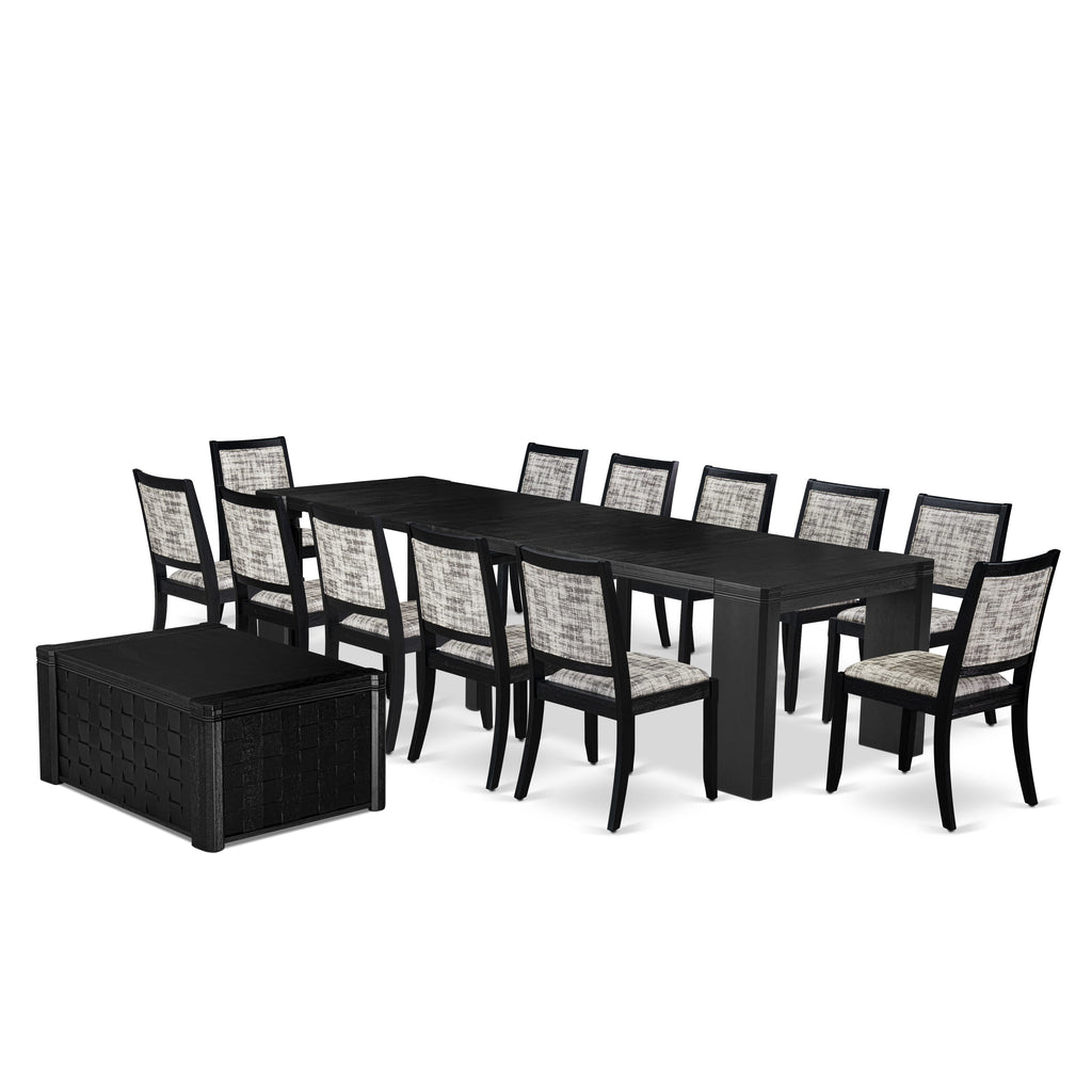 Luxe East West Furniture X12X2-0C6-30 14-piece Dining Room Table Set a Rectangular Kitchen Table with a coffee Table and 12 Wire Brushed Black Faux Leather Stackable Chair, Wire Brushed Black Finish.