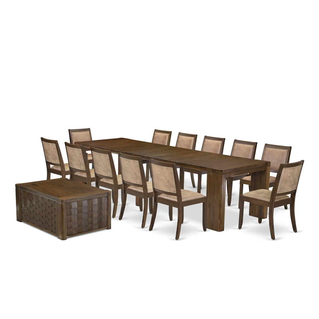 Luxe by East West Furniture X12X2-0C8-28 -14 Pieces Extendable Dining Set Includes 1 Rectangle Kitchen Table, 1 Coffee Table and 12 Stackable Dining Chairs, Antique Walnut