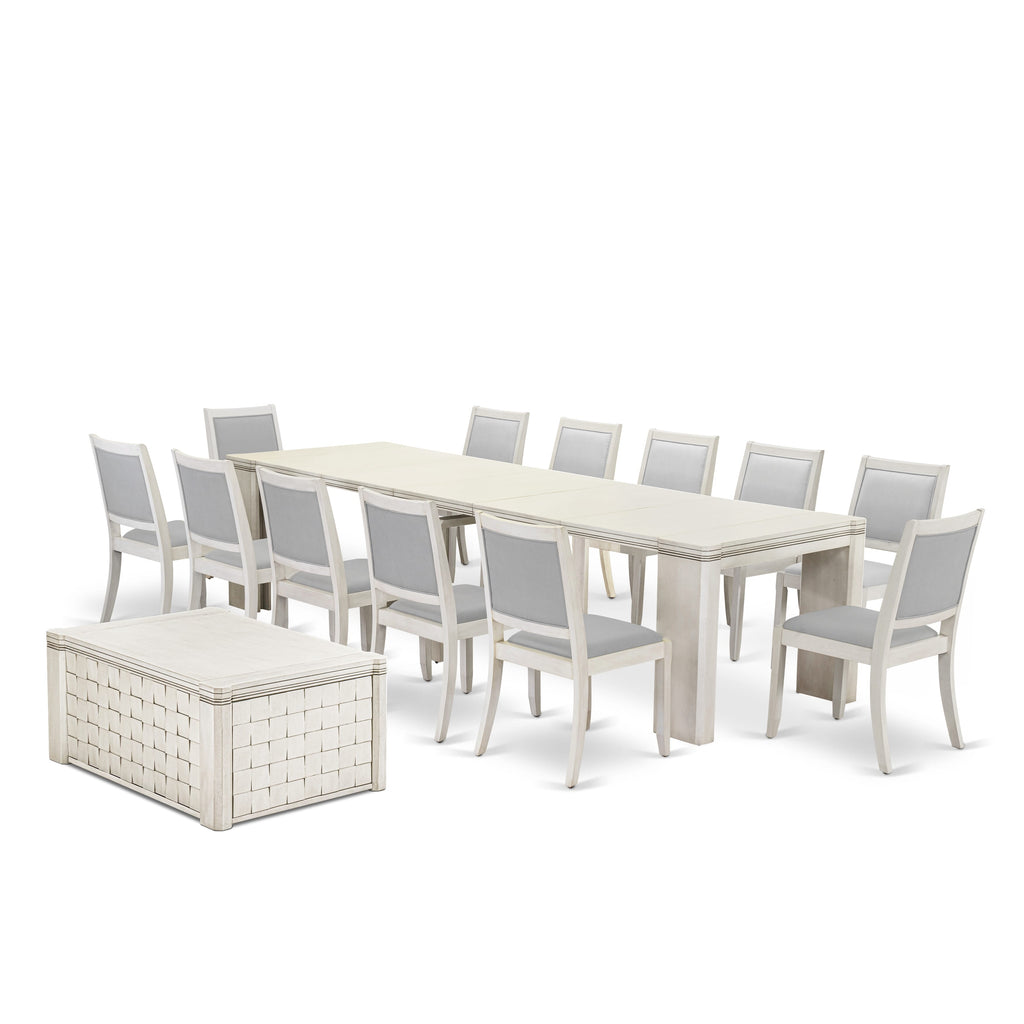 Luxe by East West Furniture X12X2-0CW-27 -14 Pieces Extendable Dining Set Includes 1 Rectangle Kitchen Table, 1 Coffee Table, 12 Stackable Dining Chairs, Antique White