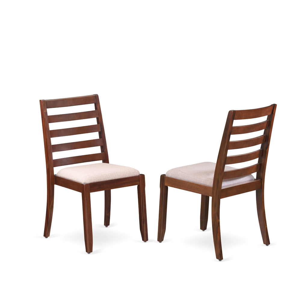 East West Furniture LAX15-08-04 5-piece Mid-century Dining Table set consists of a Butterfly Leaf Kitchen Table and 4 Light Tan Linen Fabric stackable Chair, Antique Walnut Finish.