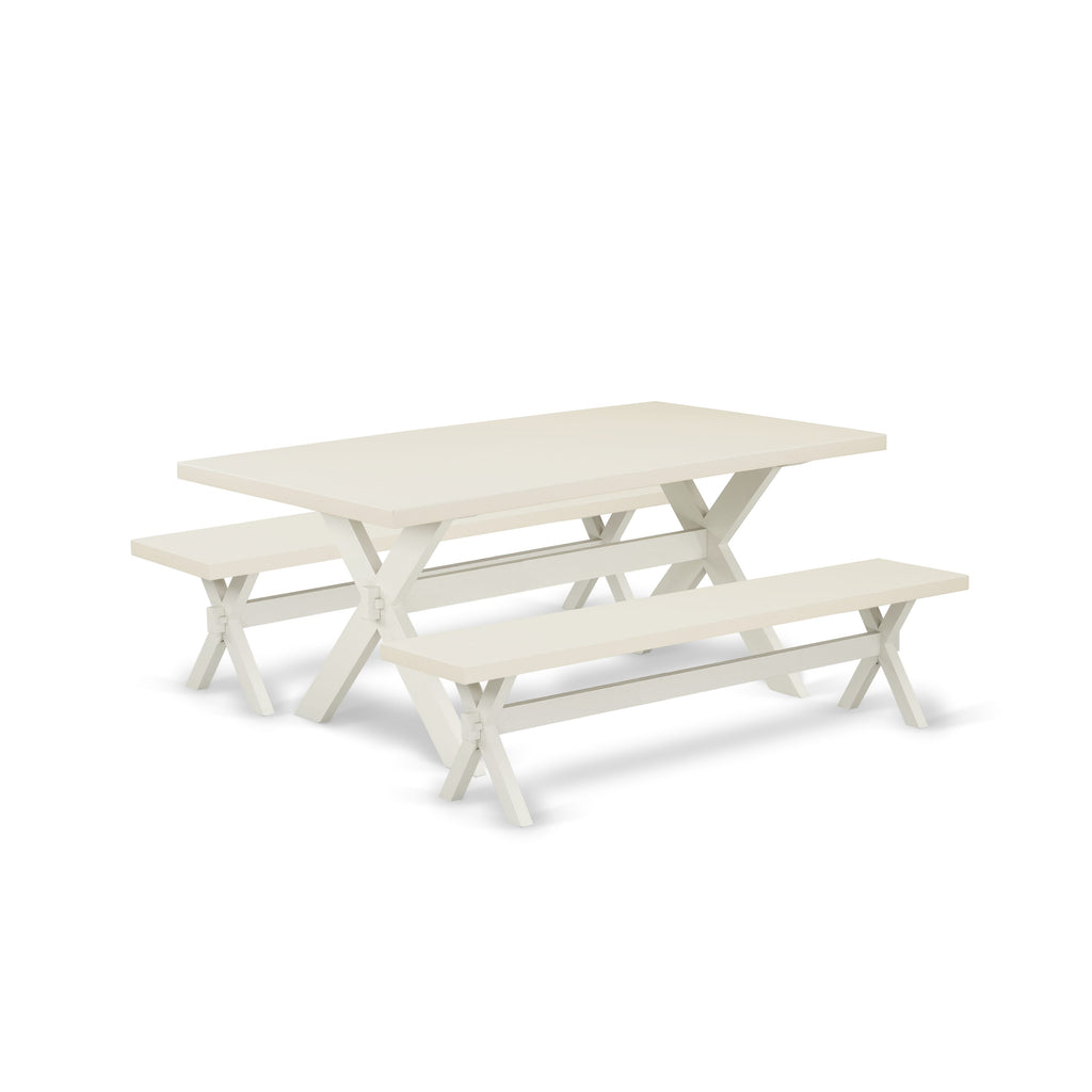 East West Furniture X2-027 3 Piece Dining Set Contains a Rectangle Dining Room Table with X-Legs and 2 Kitchen Table Bench