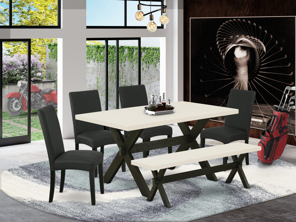 East West Furniture X626DR124-6 6 Piece Dining Table Set Contains a Rectangle Kitchen Table with X-Legs and 4 Black Color Linen Fabric Parson Chairs with a Bench