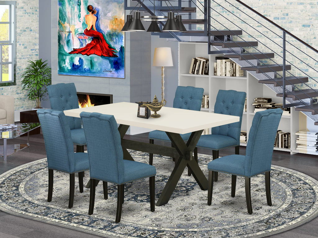 East West Furniture X626EL121-7 7 Piece Dining Room Table Set Consist of a Rectangle Kitchen Table with X-Legs and 6 Blue Linen Fabric Parson Dining Chairs