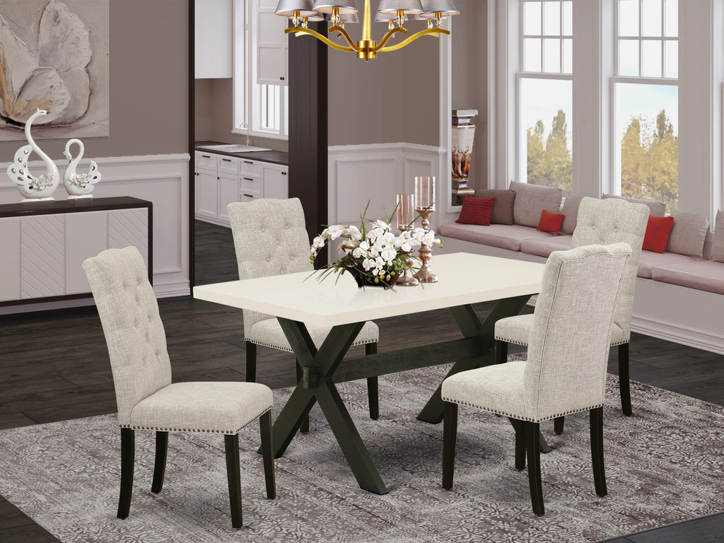 East West Furniture X626EL635-5 5 Piece Dining Room Furniture Set Includes a Rectangle Dining Table with X-Legs and 4 Doeskin Linen Fabric Upholstered Chairs, 36x60 Inch, Multi-Color