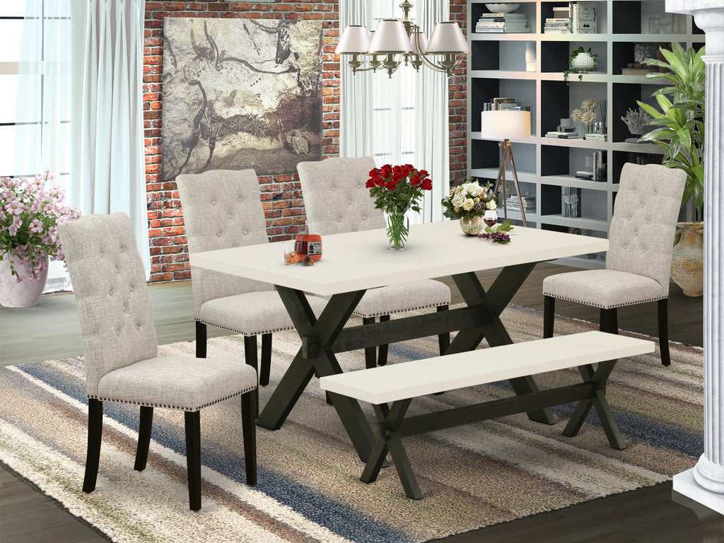 East West Furniture X626EL635-6 6 Piece Modern Dining Table Set Contains a Rectangle Wooden Table and 4 Doeskin Linen Fabric Upholstered Chairs with a Bench, 36x60 Inch, Multi-Color