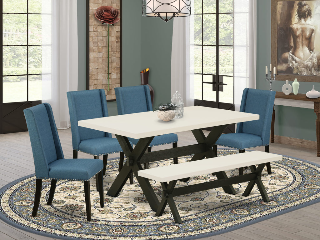 East West Furniture X626FL121-6 6 Piece Dinette Set Contains a Rectangle Dining Table with X-Legs and 4 Blue Linen Fabric Parson Chairs with a Bench, 36x60 Inch, Multi-Color