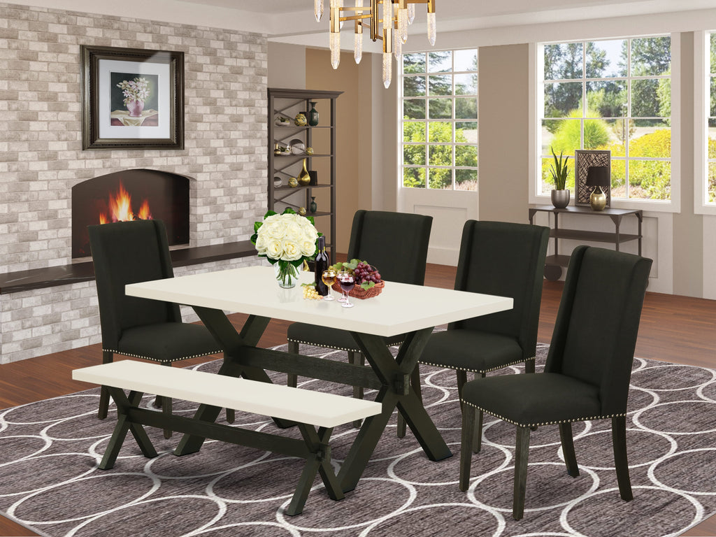 East West Furniture X626FL624-6 6 Piece Dining Table Set Contains a Rectangle Kitchen Table with X-Legs and 4 Black Linen Fabric Upholstered Chairs with a Bench, 36x60 Inch, Multi-Color