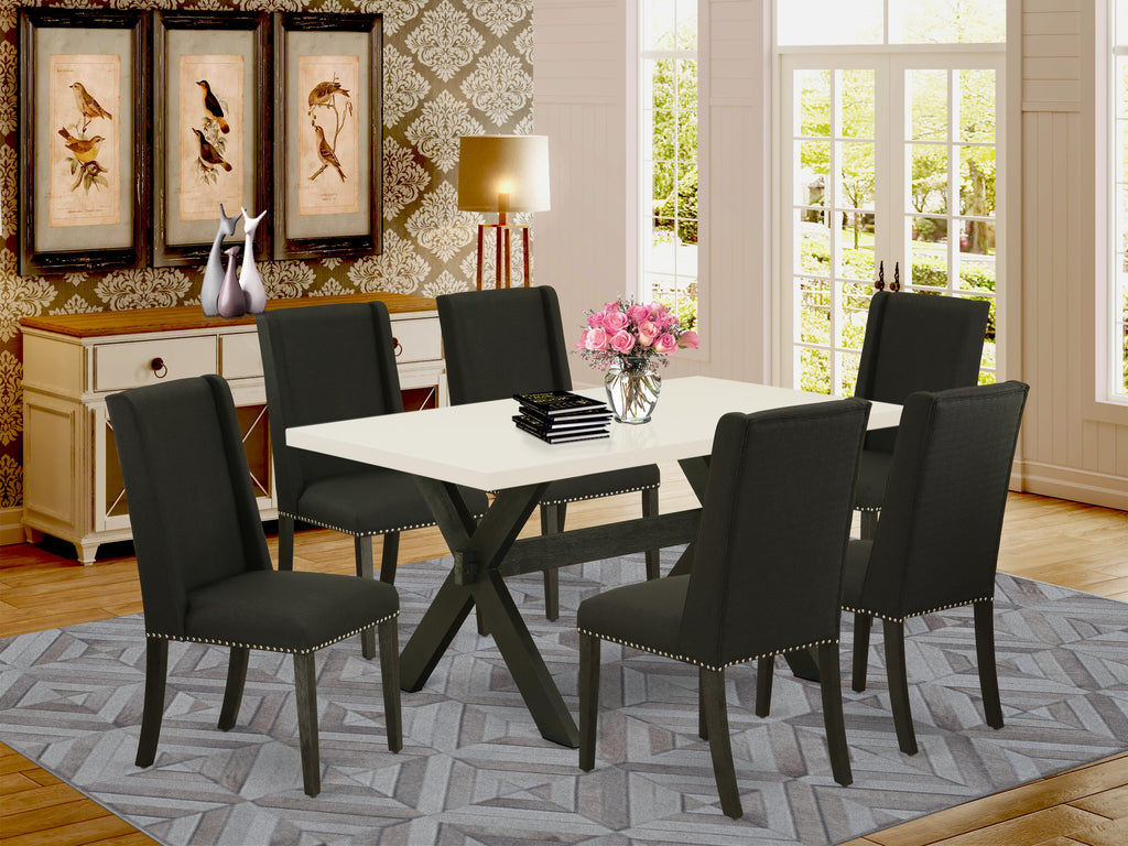 East West Furniture X626FL624-7 7 Piece Dining Set Consist of a Rectangle Dining Room Table with X-Legs and 6 Black Linen Fabric Upholstered Parson Chairs