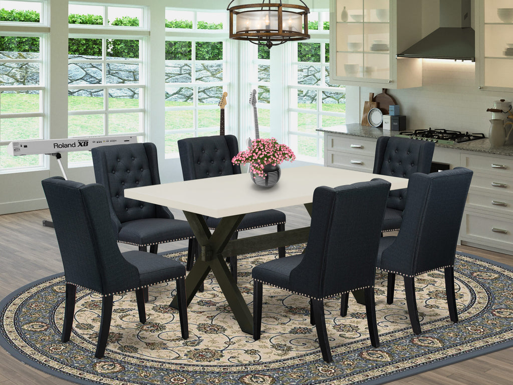 East West Furniture X626FO624-7 7 Piece Dining Set Consist of a Rectangle Dining Room Table with X-Legs and 6 Black Linen Fabric Upholstered Chairs