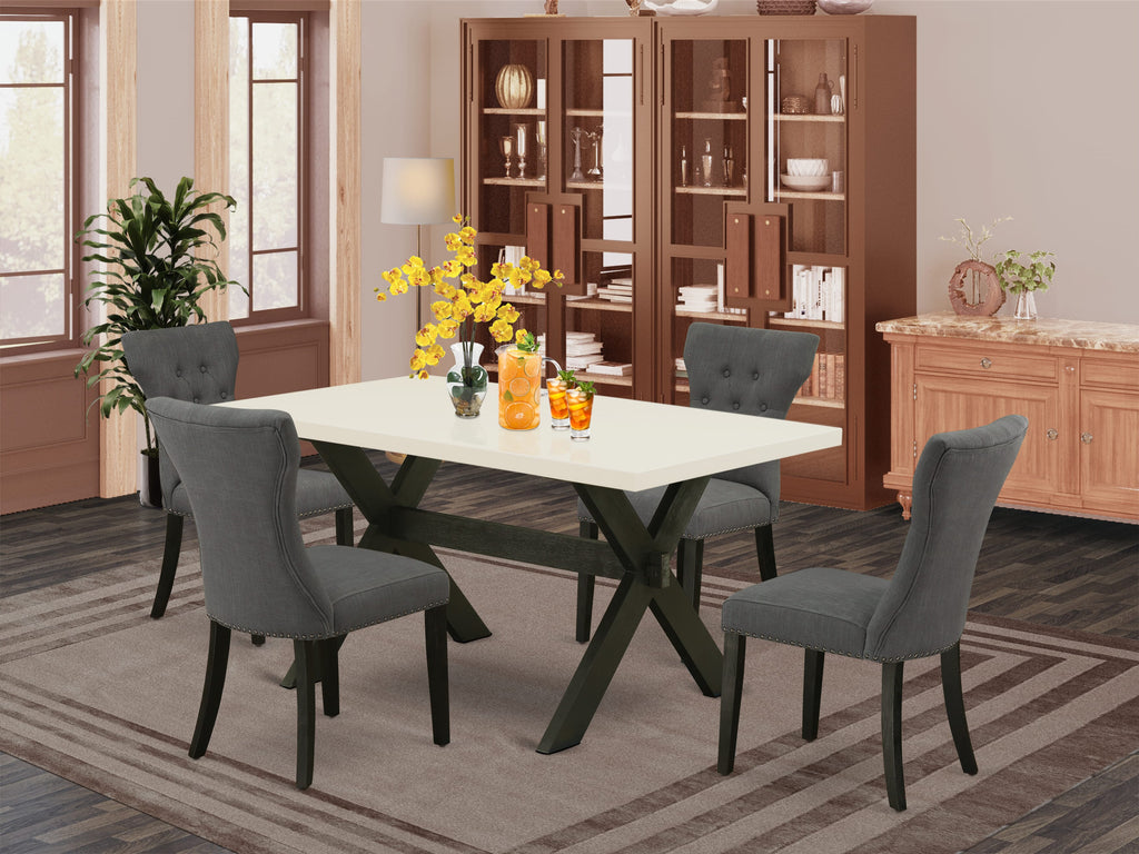 East West Furniture X626GA650-5 5 Piece Dining Room Table Set Includes a Rectangle Kitchen Table with X-Legs and 4 Dark Gotham Linen Fabric Parson Dining Chairs, 36x60 Inch, Multi-Color